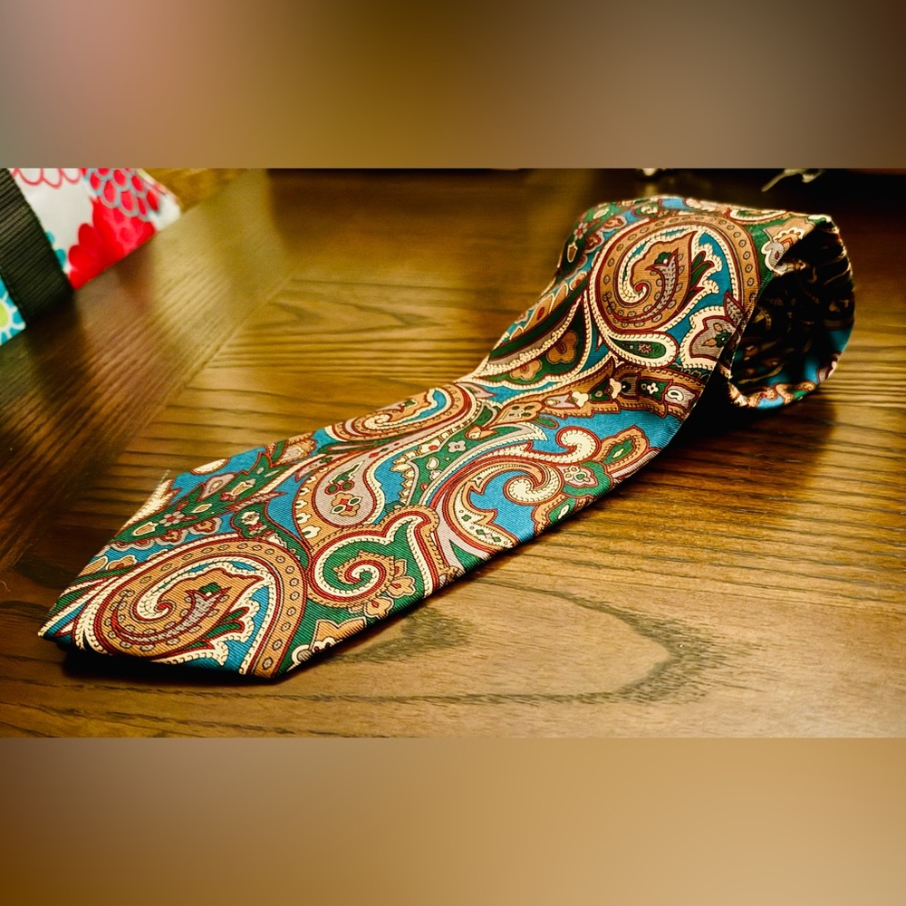 Nordstrom Tie Silk paisley 80s 4 inch 1980s teal green gold burgundy classic